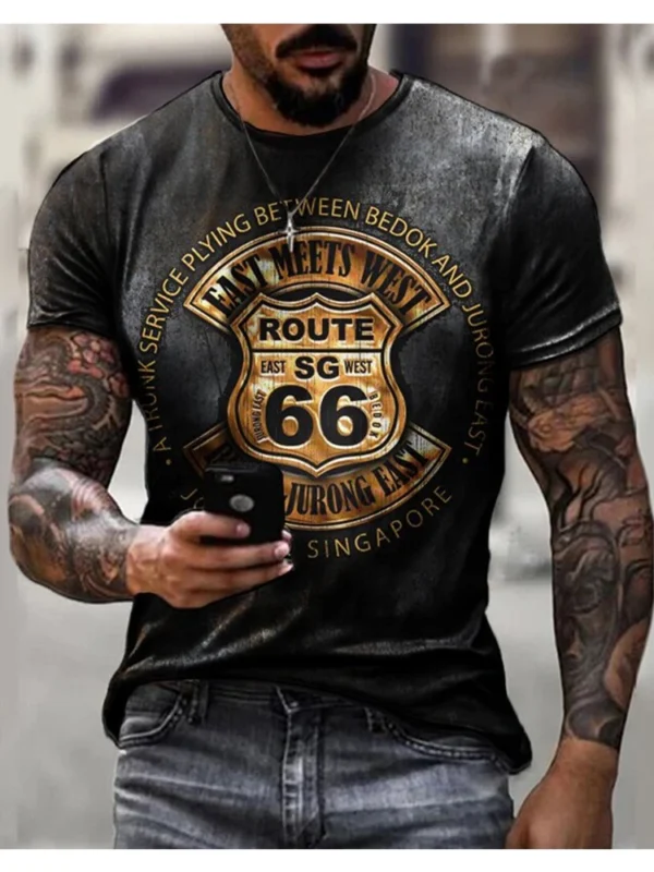 2023 Summer Men's T-shirt Route 666 3D Printed Short Sleeve Fashion Oversized Loose Tops Tees O-Neck Casual Retro Men Clothing - Image 2