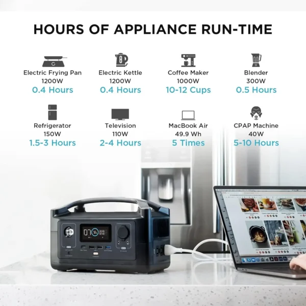 Portable power station charging laptop.