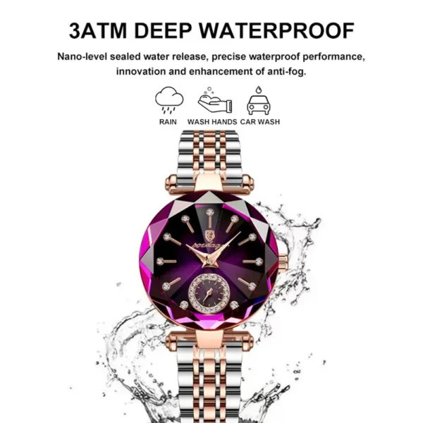 Purple diamond watch with water spray effect.