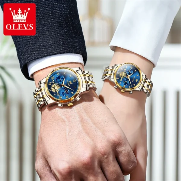 Couple wearing matching gold and silver watches.