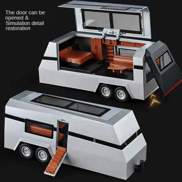 Silver toy camper with openable doors.