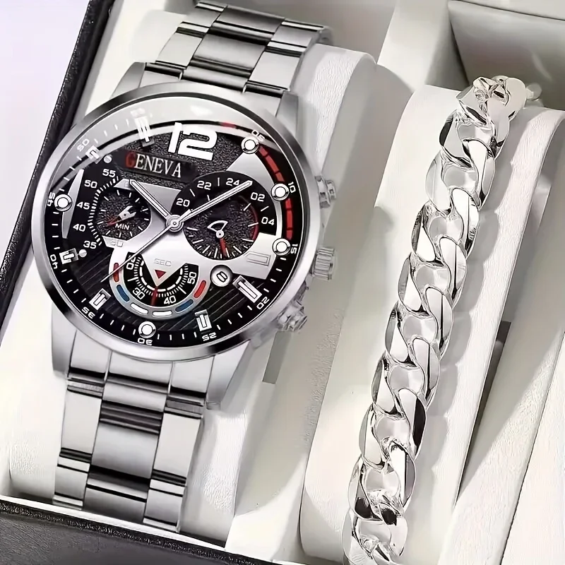 Silver chronograph watch with a bracelet.