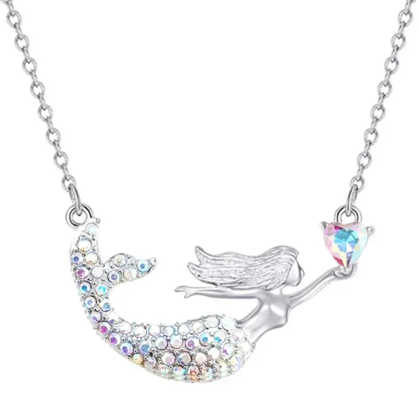 Silver mermaid necklace with iridescent crystals.