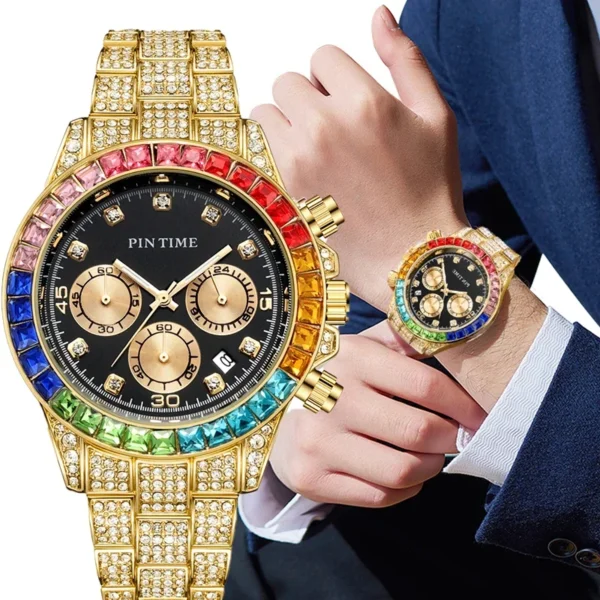 Gold watch with colorful gems and diamonds.