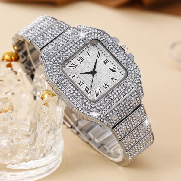 Diamond encrusted silver wristwatch.