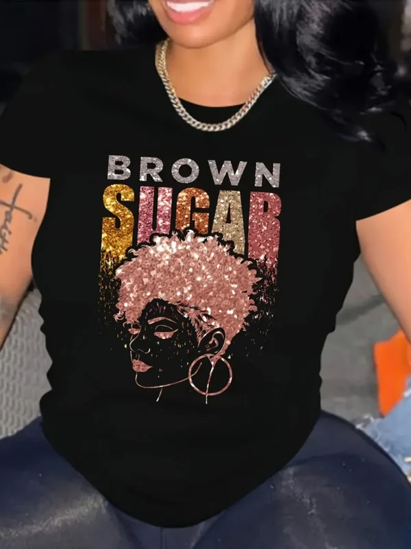 Brown Sugar Letter Print T-Shirt, Short Sleeve Crew Neck Casual Top For Spring & Summer, Women's Clothing