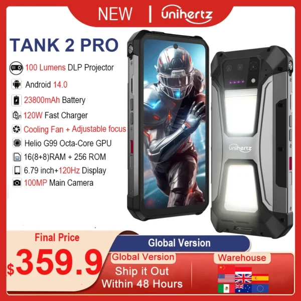 Unihertz tank 2 Pro 8849 rugged smartphone with projector 2.4K 23800 mAh 16GB + 256GB mobile phone Android 14 100MP NFC cell phone