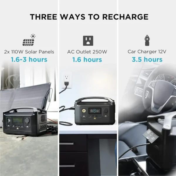 Power station charging options: solar, AC, car.