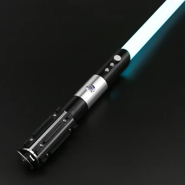 Black and silver lightsaber with blue blade.