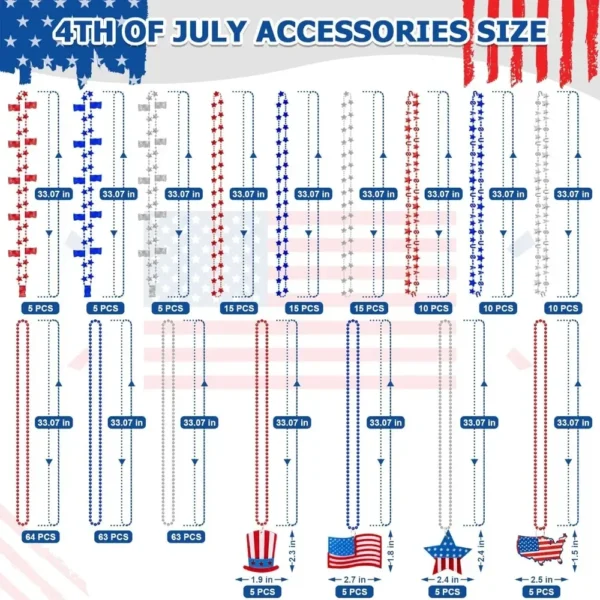 300PCS 4th of July Necklace, 16 Kinds Patriotic Independence Day Red Blue White Necklace USA Hat Flags Pendant - Image 2