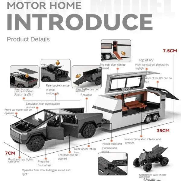 Toy RV with detachable pickup truck.