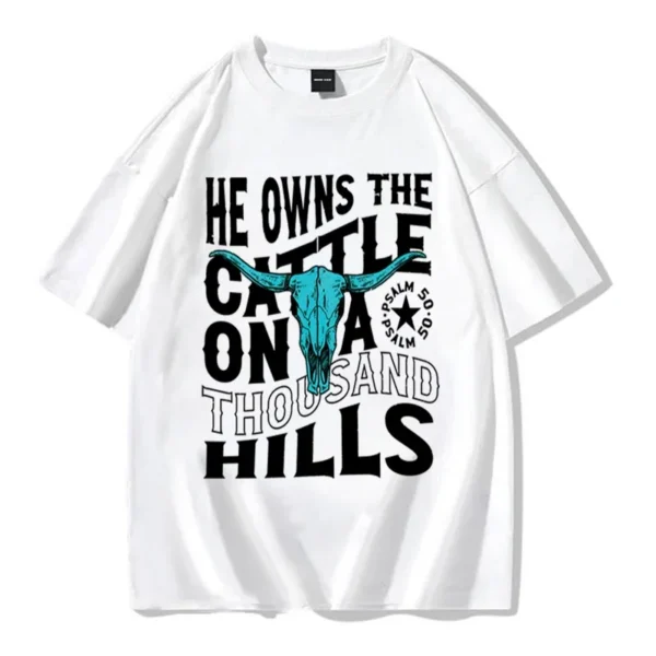 He Owns The Cattle Graphic Christians T-shirts Vintage Cotton Short Sleeve Loose Women T-Shirt Casual Western Christian Tshirts - Image 4