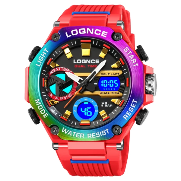 Red and rainbow digital wristwatch.