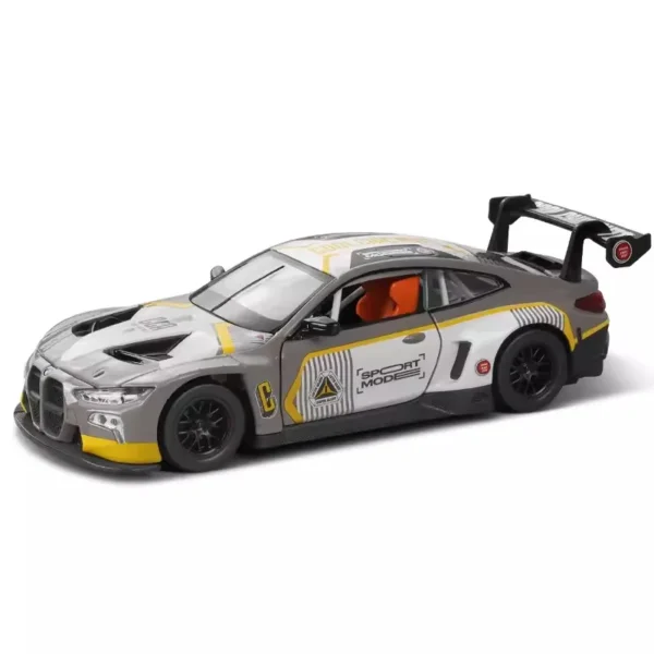 Gray and yellow toy race car.