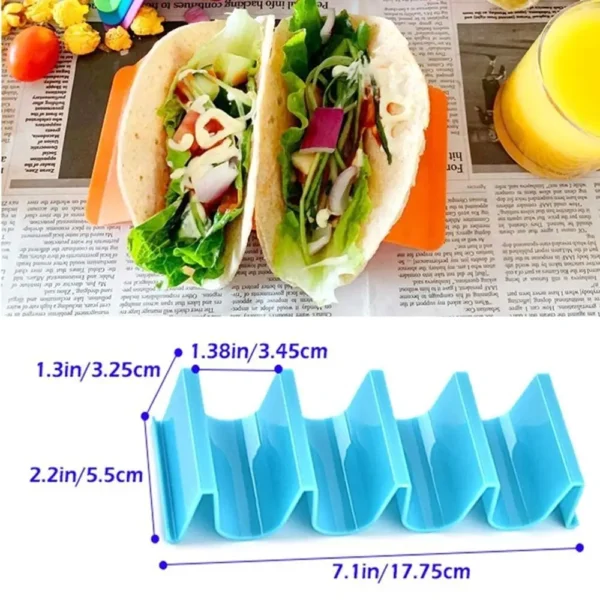 Blue plastic taco holder with measurements.