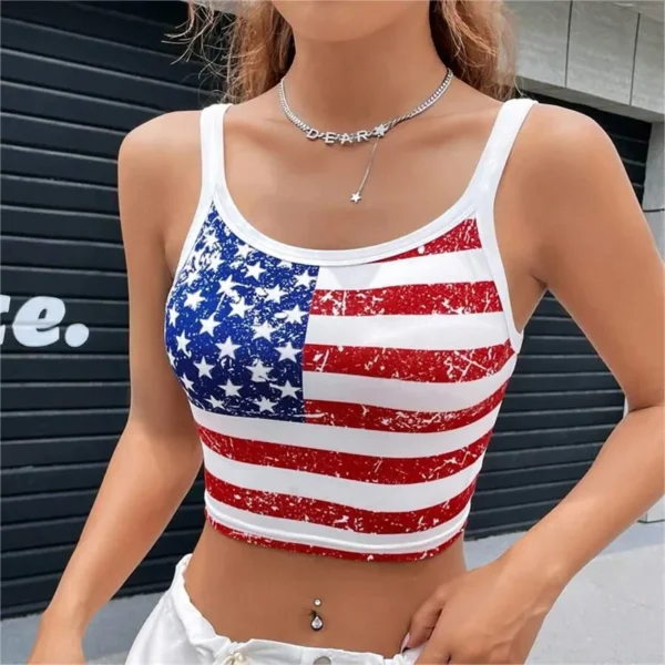 2024 New Women's Tank Top Summer Off Shoulder US Flag Stripe Print Casual Slim Fit Sexy Street Wear Short Top - Image 4