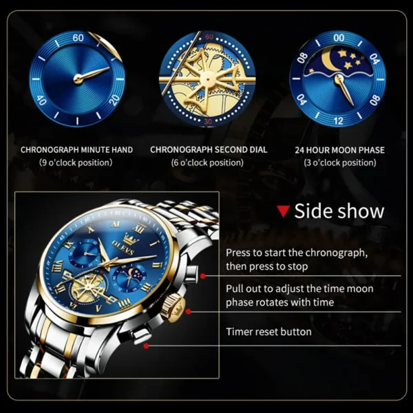 Gold and silver watch with blue face.