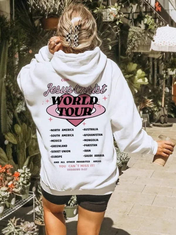 Jesus Chirst World Tour Letter Graphic Print Sweatshirt Womens Autumn Soft Hooded Simple Warm Hoodie Street Oversize Pullovers