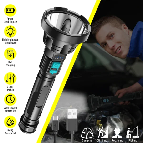 Rechargeable flashlight with USB charging.