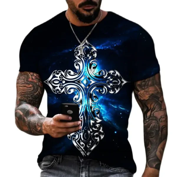 Men's 3D Cross-printed Short-sleeved T-shirt, Oversized Shirt, Vintage Clothing, 2023 - Image 5