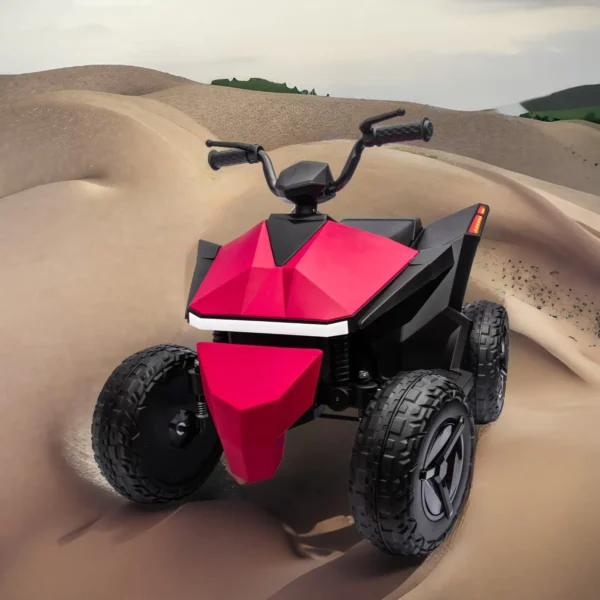 Red and black ATV on sand dune.