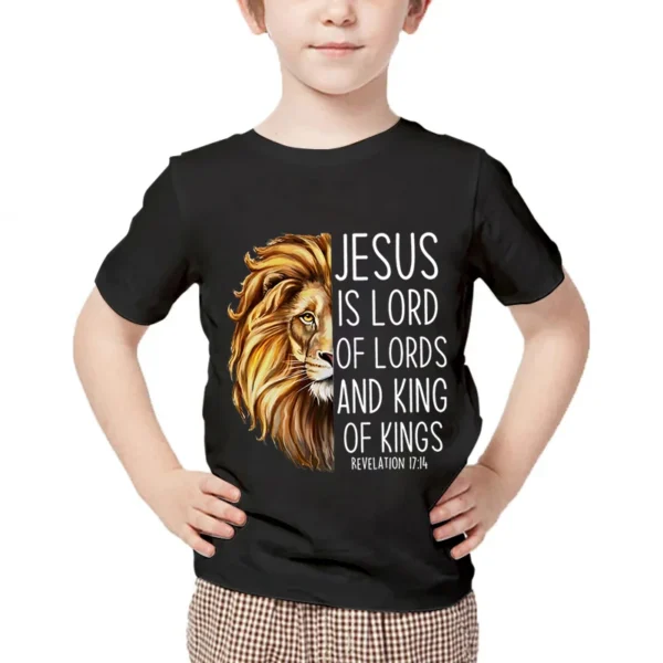 Kids Animal Tshirts Jesus Is Lord of Lords and King of Kings Printed 2024 New Fashion Tee Shirt Girls Boys Cartoon Lion Tshirt - Image 2