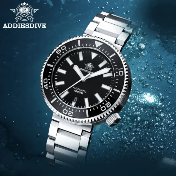 Black and silver automatic dive watch.