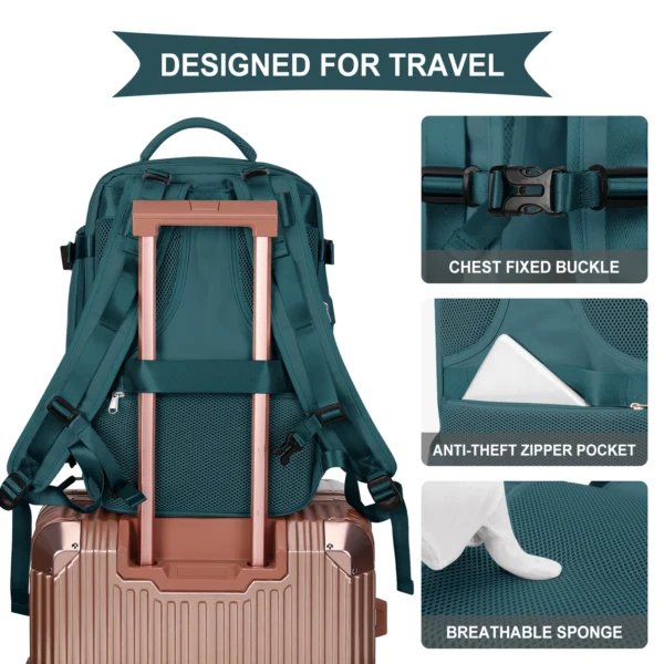 Teal travel backpack with trolley sleeve.