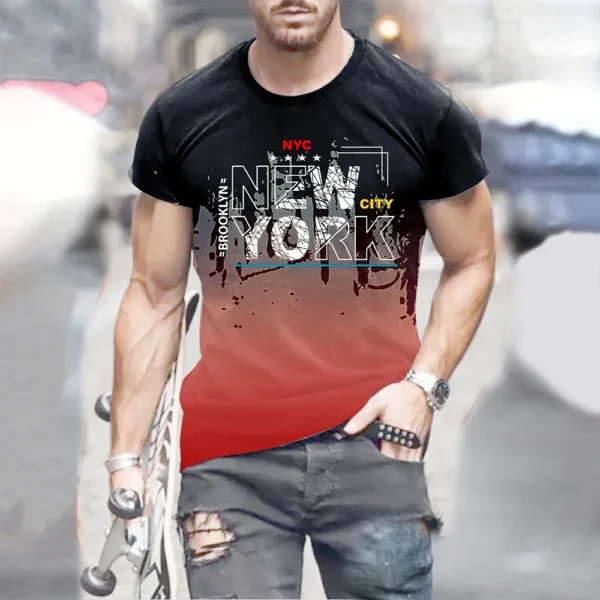 Men's New York Letter 3D Digital Printed T-shirt, Comfortable and Informal Downgraded Short Sleeved T-shirt, Summer Oversized Ca - Image 5