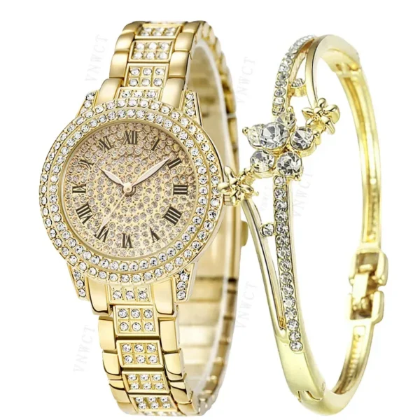 Gold watch and bracelet with crystals.