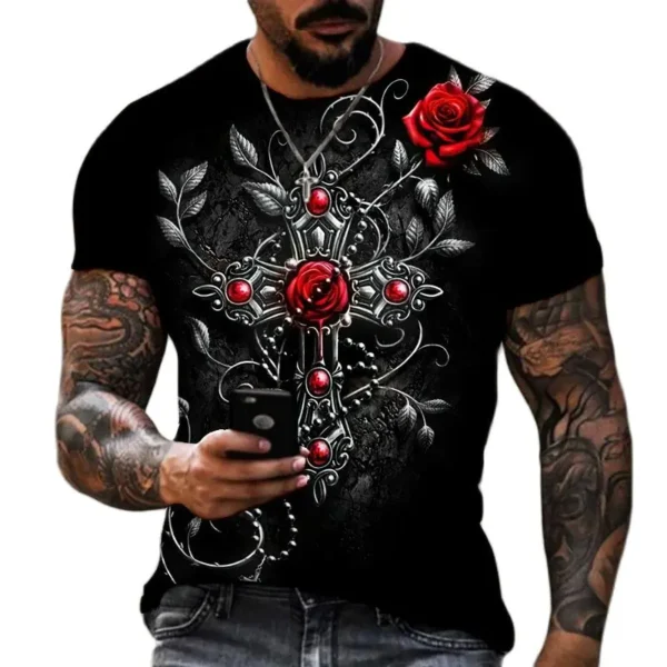 Men's 3D Cross-printed Short-sleeved T-shirt, Oversized Shirt, Vintage Clothing, 2023 - Image 3