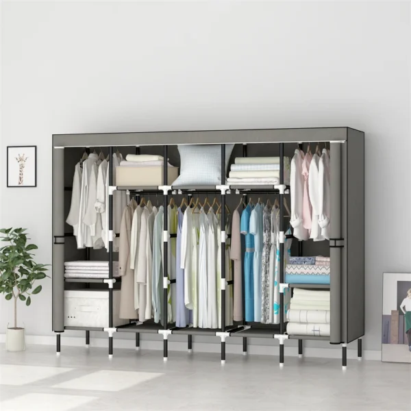 Grey fabric wardrobe with clothes and shelves.