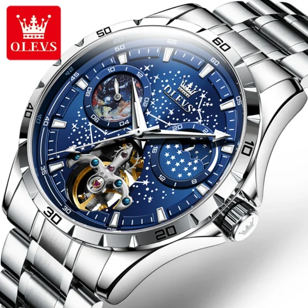 Silver and blue automatic wristwatch with stars.