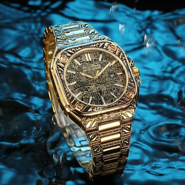 Gold watch with intricate design in water.