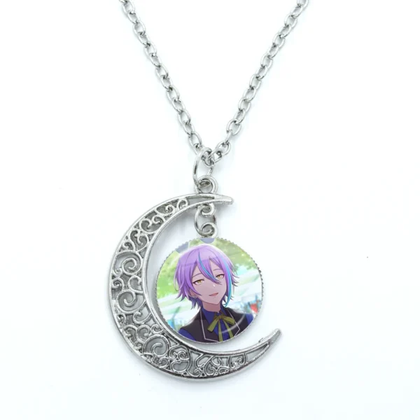 Silver crescent moon necklace with anime character.