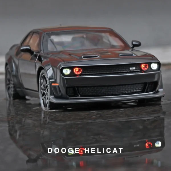 Black Dodge Challenger Hellcat with red lights.