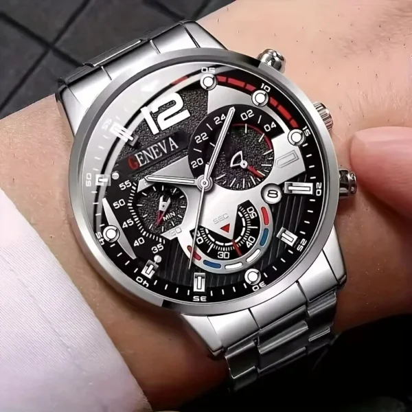 Silver chronograph wristwatch with black face.