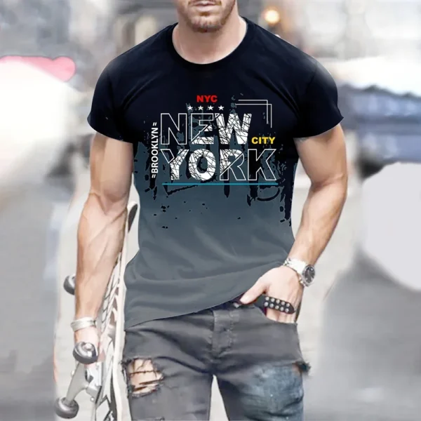 Men's New York Letter 3D Digital Printed T-shirt, Comfortable and Informal Downgraded Short Sleeved T-shirt, Summer Oversized Ca - Image 3