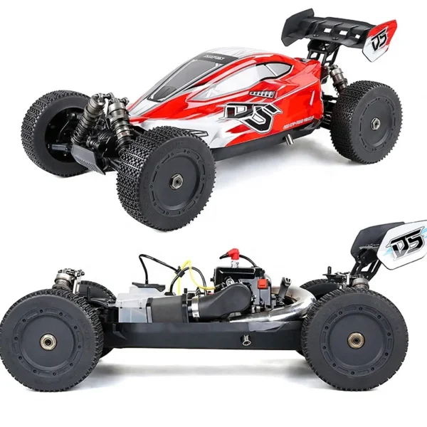 Red and black RC car with engine