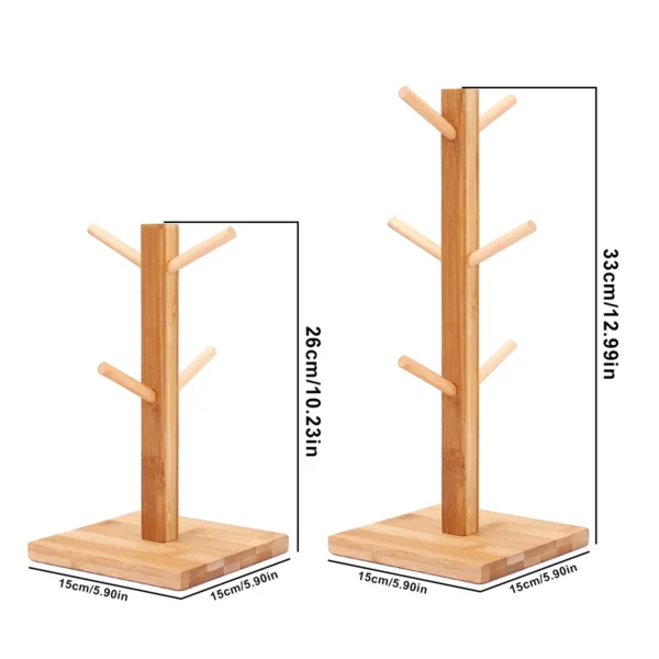 Wooden mug tree stand with six hooks.