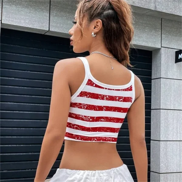 2024 New Women's Tank Top Summer Off Shoulder US Flag Stripe Print Casual Slim Fit Sexy Street Wear Short Top - Image 2