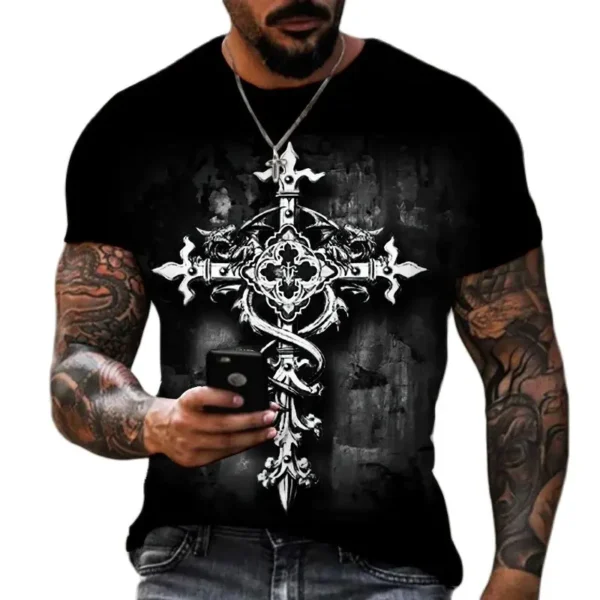 Men's 3D Cross-printed Short-sleeved T-shirt, Oversized Shirt, Vintage Clothing, 2023 - Image 6