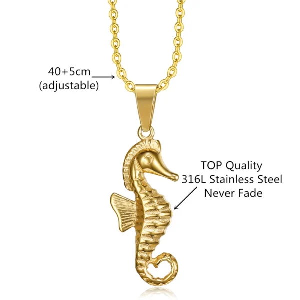 Gold seahorse pendant necklace on chain.