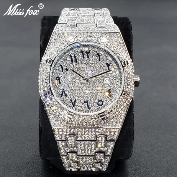 Diamond encrusted watch with Arabic numerals.