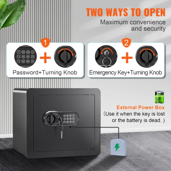 Black safe with keypad and keyhole.