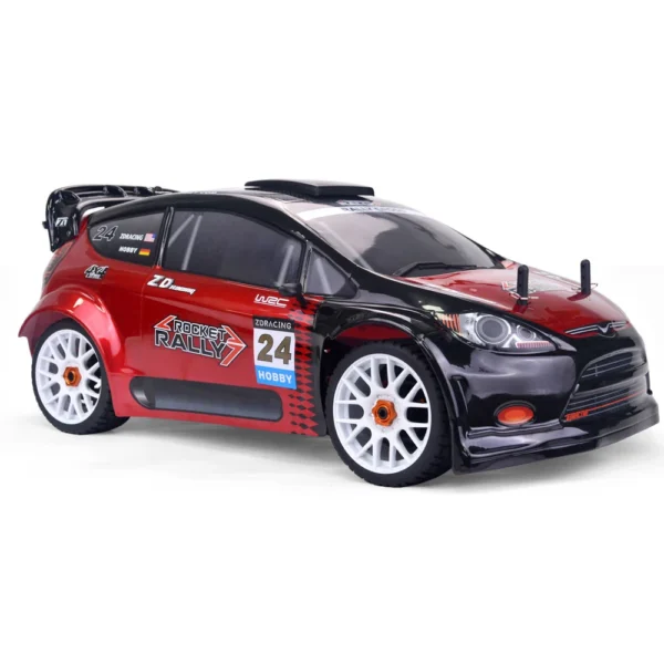 Red and black remote control rally car.