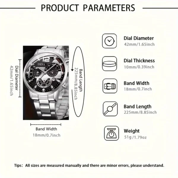 Silver chronograph wristwatch product parameters.