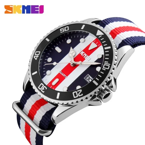 Silver and blue striped wristwatch with red accents.