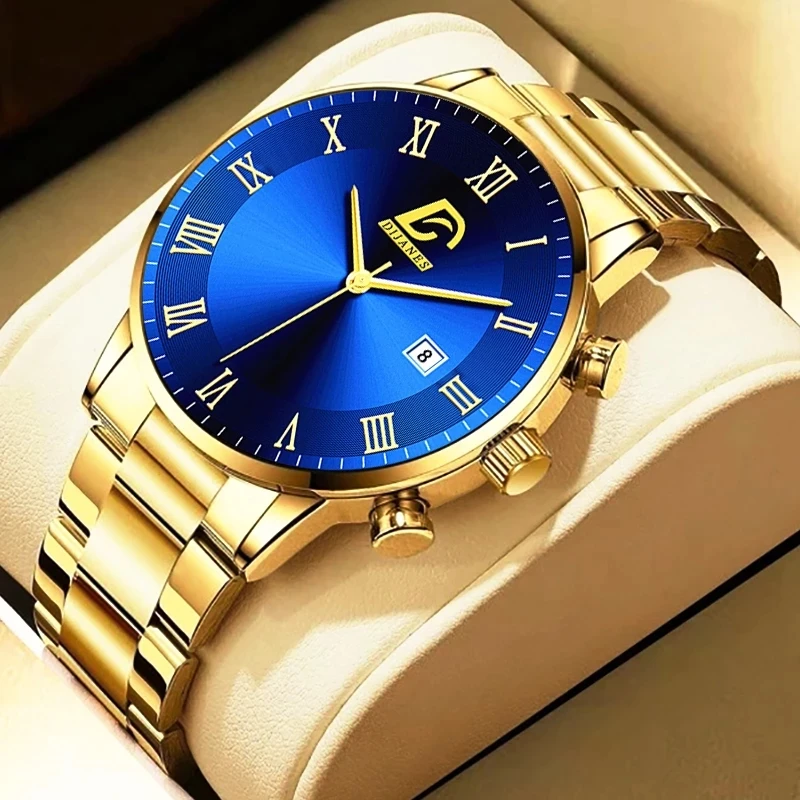 Gold watch with blue face and Roman numerals.