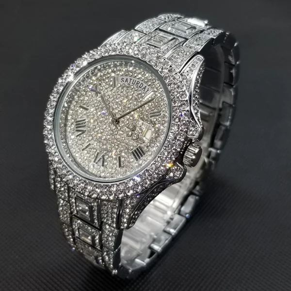 Diamond-encrusted silver watch with date display.